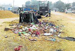 An overflowing garbage container outside the Kaithal Anaj Mandi