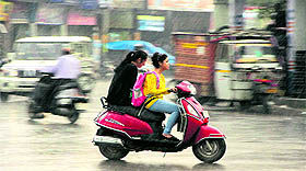 girls drive in rain in the evening.