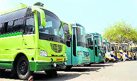 Parked Orbit buses. Passengers faced problems as buses did not move for three hours. 