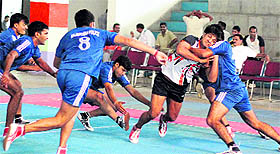 kabaddi match in progress during the All-India Police Volleyball Cluster Championship on Tuesday. 