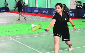Players in action during the North Zone Inter-University Badminton Championship at Gymnasium Hall in the University of Jammu on Tuesday.