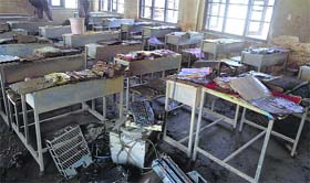 A classroom damaged by the floods.