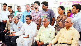 Deepak Nagpal, brother-in-law of deceased Gagan (centre), along with his relatives, shares details of the accident after a bhog ceremony in Ludhiana on Tuesday. 