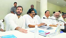 Congress vice-president Rahul Gandhi with party leaders at a meeting New Delhi on Tuesday.