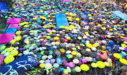 Pro-democracy protesters open their umbrellas to mark one month since they took the street, in the Admiralty district of Hong Kong on Tuesday. AFP
