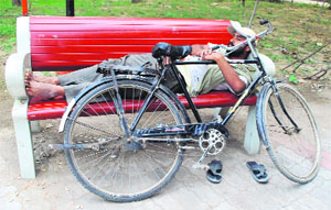 A man takes a nap while holding his bicycle to ensure its safety in Amritsar on Wednesday.