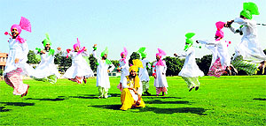 A bhangra team practises during the Panjab University Inter-Zonal Youth and Heritage Festival at DAV College, Sector 10, Chandigarh, on Wednesday. 