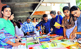 Students and teachers browse through Sanskrit books during a fair-cum-exhibition at the Post Graduate Government College for Girls, Sector 42, Chandigarh, on Wednesday. 