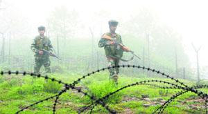 Army jawans patrol along the LoC fence in the border areas of Jammu and Kashmir.