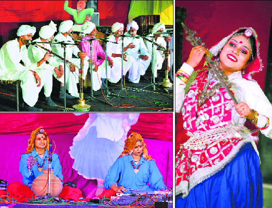 (Clockwise from top left) A scene of chaupal during Ratnawali festival in Kurukshetra University on Wednesday; a girl performs on Dhamal Manch; and students play music instruments.
