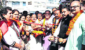 BJP leaders inaugurate the Jammu West constituency election office at Bakshi Nagar in Jammu. 