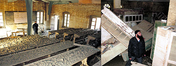(Top) Silt carried by the floodwaters settled on benches in a classroom at the college; and (right) a college employee looks at the ruined library. 