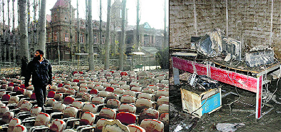 (Left) Flood-ravaged furniture on the lawn of Amar Singh College in Srinagar; and (right) damaged computers at a laboratory.