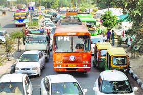 Vehicles stuck in a traffic jam as the eunuchs protest police inaction in a case pertaining to assault on their driver in Ludhiana on Wednesday