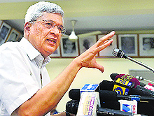 CPM general secretary Prakash Karat addresses mediapersons in New Delhi on Wednesday