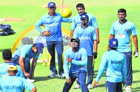 The Sri Lankan team during a practice session on the eve of the lone warm-up game against India A in Mumbai, on Wednesday