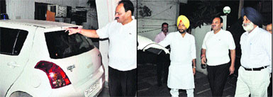 Jail Superintendent RK Sharma shows the bullet marks on his car; and (right) Police Commissioner Jatinder Singh Aulakh (in blue turban) visits the house of Sharma after receiving information about the incident in Amritsar on Wednesday night. 