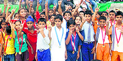 The winners pose with their medals on the concluding day of the Primary School Games in Bathinda on Thursday