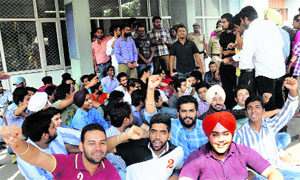 UILS students hold a protest at Panjab University on Thursday.