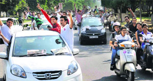 Students take part in a roadshow in Chandigarh on Thursday. 