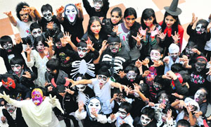 Students take part in a Halloween Day function at Aanchal International School, Sector 41, in Chandigarh on Thursday.