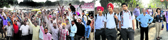 (Left) Auto-rickshaw operators raise slogans while observing a strike at Phase VI in Mohali on Thursday; and harassed commuters waiting for a mode of transport in Mohali.