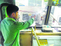 The front windshield of a roadways bus that was damaged by protesting students at the bus stand in Sector 5, Panchkula. 