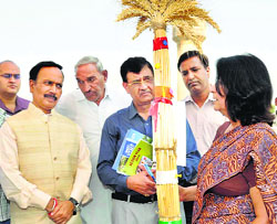 Dr Indu Sharma (right), Director, DWR; RC Sharma (centre), Convener, Environmental Science and Technology, Central University, Bathinda; and Dr AK Srivastava (left), Director, NDRI, interact in Karnal on Thursday. TRIBUNE PHOTO: RAVI KUMAR