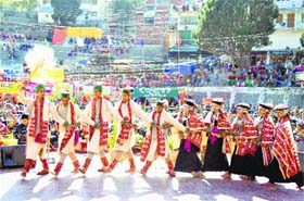 In perfect harmony: Artistes perform in traditional attires at the inaugural function of the Kinnaur mahotsav in Reckong Peo on Thursday