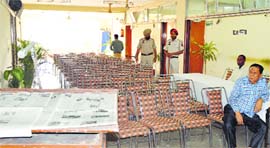 Empty chairs at the auction venue in Ludhiana.