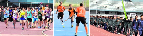 Athletes take part in a race; a hockey match under way; and players take part in a march past during the Punjab State Women Games at Guru Nanak Stadium in Ludhiana.