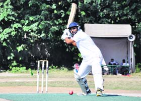 A batsman of All Star Club plays a shot during a match in the Nazar Khan Memorial 3rd Youth Cup Cricket Tournament at Rangers College in Dehradun on Thursday