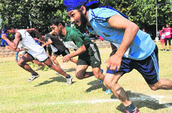 Athletes participate in the 100m race during the CBSE Cluster XIII Athletics Meet-2014 at the Sports Complex in Sector 46, Chandigarh, on Friday. Tribune photo: Parvesh Chauhan