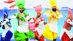 Students perform bhangra during 56th PU Inter-Zonal Youth and Heritage Festival at DAV College in Sector 10, Chandigarh, on Friday. Tribune Photo: Pradeep Tewari