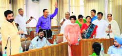 Congress and BJP councillors argue during a House meeting of the Municipal Corporation in Chandigarh on Friday. Tribune photo: S Chandan