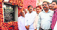 Industries Minister Mukesh Agnihotri lays the foundation stone of a handball stadium at Indira Gandhi Sports Complex in Una on Friday