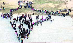 LPU students stand together in a form of India's map to celebrate Sardar Vallabh Bhai Patel's birth anniversary in Jalandhar on Friday.