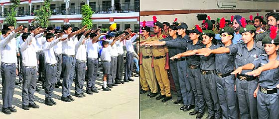 Students of Police DAV; (and right) Lyallpur Khalsa College take "Rashtriya Ekta Diwas" pledge in Jalandhar on Friday. 