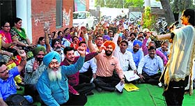 Members of the Master Cadre Union hold a dharna outside the DEO office in Jalandhar on Friday. 