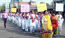 Students take out a rally at Swami Ganga Giri Janta Girls College, Raikot, as part of National Unity Day on Friday