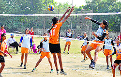 A volleyball match in progress on the second day of the Punjab State Women Games in Ludhiana on Friday