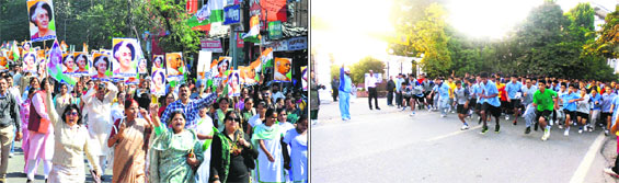 Congress workers take part in a sadbhawna rally on the death anniversary of Indira Gandhi and the birth anniversary of Sardar Vallabhbhai Patel in Dehradun on Friday; and (right) students of The Asian School participate in the run for unity.