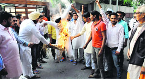 Activists of the Vishwa Hindu Parishad burn an effigy of industrialist Rajinder Mittal outside his residence in Bathinda on Saturday.