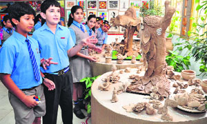 Students during an exhibition at Vivek High School in Sector 38, Chandigarh, on Saturday.