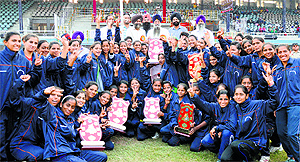 Jalandhar eves in a jubilant mood after winning the overall trophy on the concluding day of the Punjab State Women Games at Guru Nanak Stadium in Ludhiana on Saturday