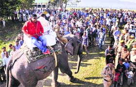 Assam Forest Minister Rockibul Hussain enjoys an elephant ride inside the Kaziranga National Park, 250 km from Guwahati, on Saturday