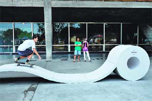 A skateboarder performs on a sculpture installed for the Urban Art Festival "Arte Core" at the Rio de Janeiro Museum of Modern Art in Rio de Janeiro, Brazil