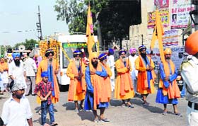 Panj Pyaras lead a procession to mark the birth anniversary of Guru Nank Devji in Bathinda on Sunday.
