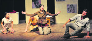 Artistes enact a scene from the play, Kultars Mime, at Punjab Kala Bhawan in Chandigarh on Sunday. 