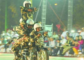 GIVING THE SHOW THEIR BEST SHOT: CRPF women bike riders show their skills at India Gate on the occasion of Desh Ke Rakshak, the diamond jubilee calebrations of the force on Sunday